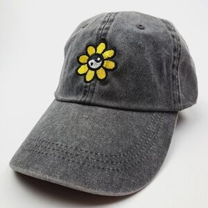 Yin Yang Flower Embroidered Relaxed Cotton Hat Cap Gray Washed Adjustable Women